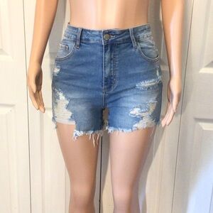 SHEIN Medium Wash Ripped Raw Hem Stretch Denim Shorts Size 32